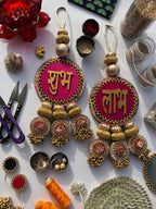 Shubh Labh hanging pair, pink and teal, two-way