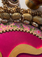 Ek Onkar Motif Micro Platter + Hanging: Lemon Yellow + Vermillion Congruous Divine Pichwai