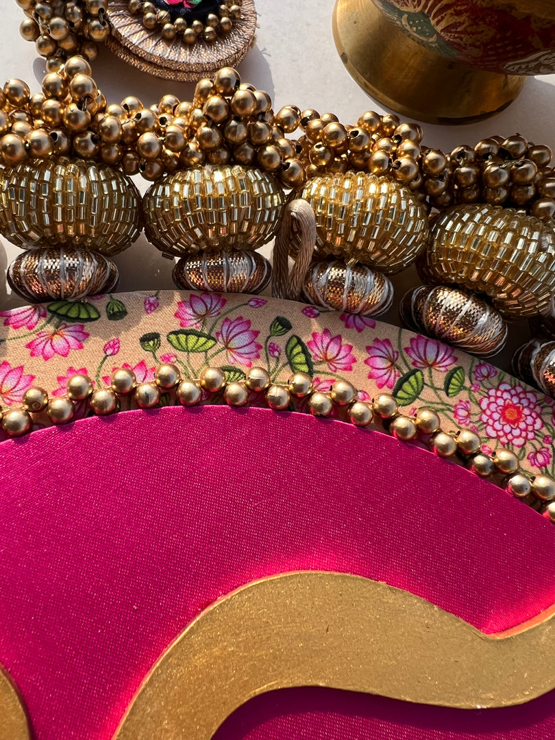 Ek Onkar Motif Micro Platter + Hanging: Lemon Yellow + Vermillion Congruous Divine Pichwai