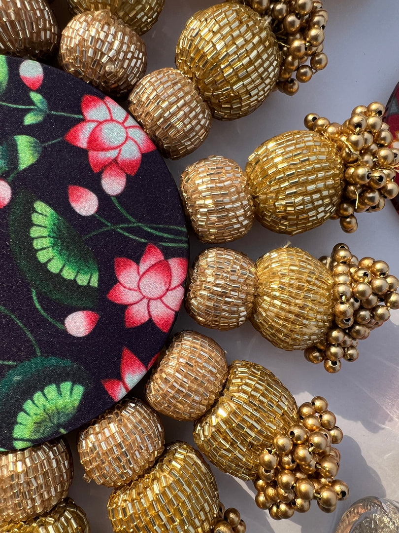 Spherical Chaandbali OG Inflorescence Divine Pichwai and Maroon Navratna Patola Diya Platter