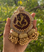 Classic Lumba Ganesh: Solid Pink + Maroon Navratna Patola