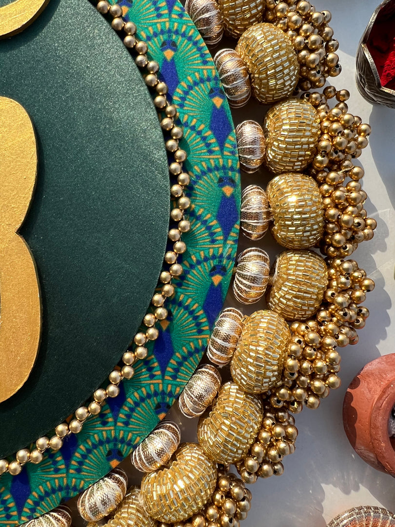 Ek Onkar Motif Micro Platter + Hanging: Lemon Yellow + Vermillion Congruous Divine Pichwai
