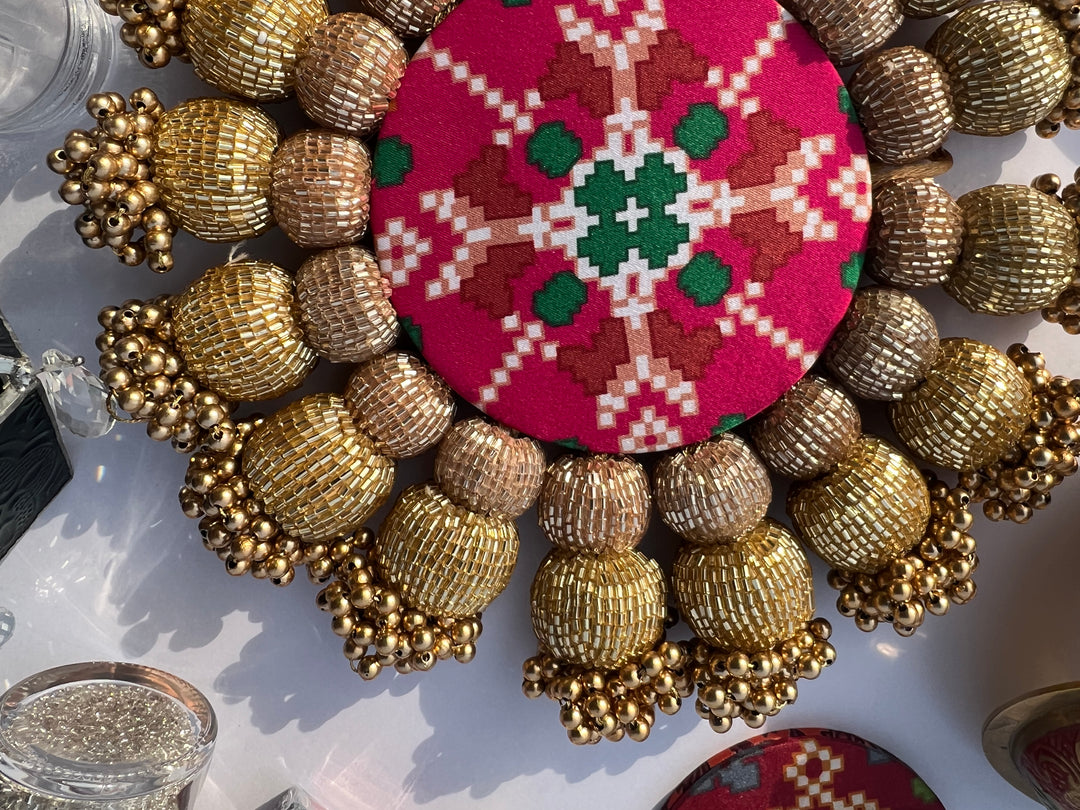 Spherical Chaandbali OG Inflorescence Divine Pichwai and Maroon Navratna Patola Diya Platter