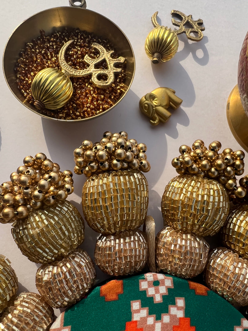 Spherical Chaandbali OG Inflorescence Divine Pichwai and Maroon Navratna Patola Diya Platter