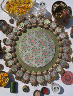 Ajrakh + Pastel Pistachio Inflorescence Divine Pichwai Glass Rhapsody Lumba Rangoli