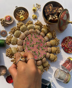 Spherical Chaandbali OG Inflorescence Divine Pichwai and Maroon Navratna Patola Diya Platter
