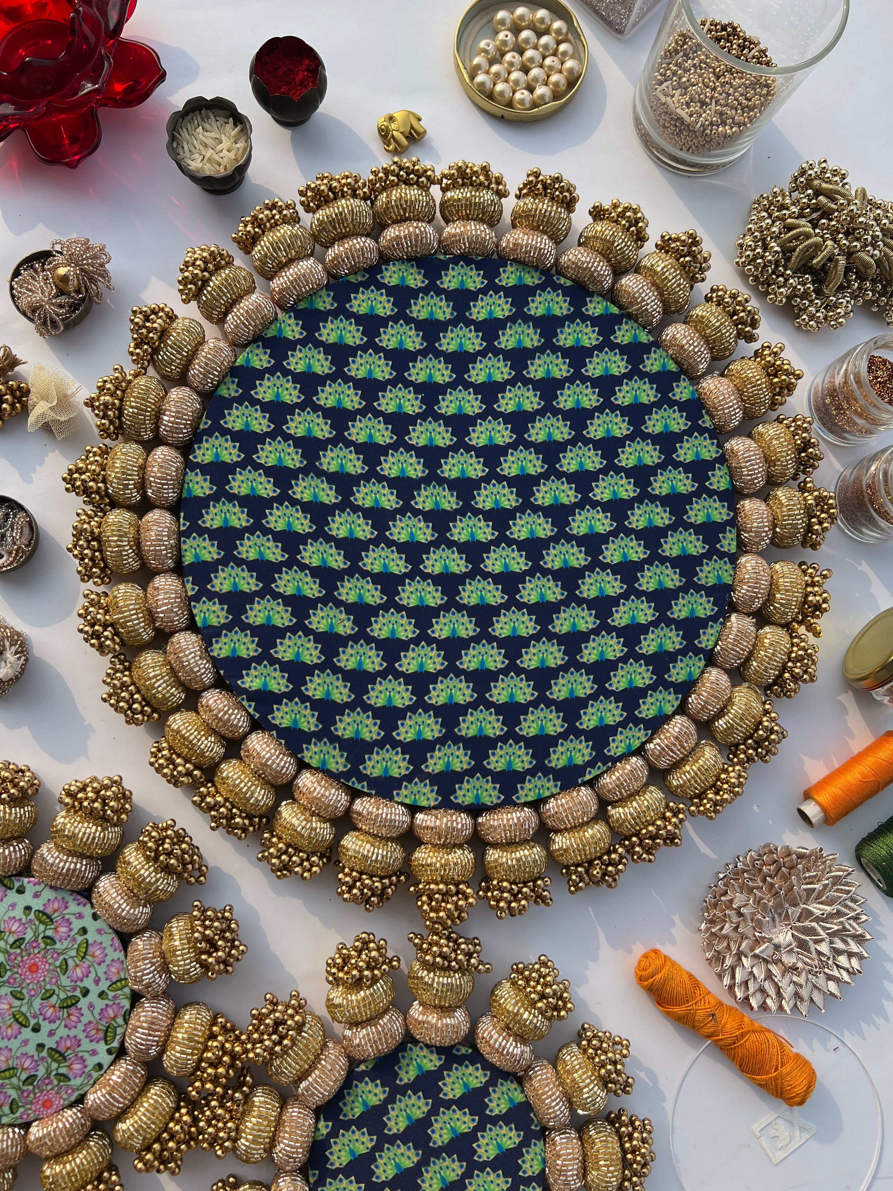Chaandbali Pastel Pistachio Pichwai and Flare MORBANI THANGAT KARE Rangoli + Diya Platters