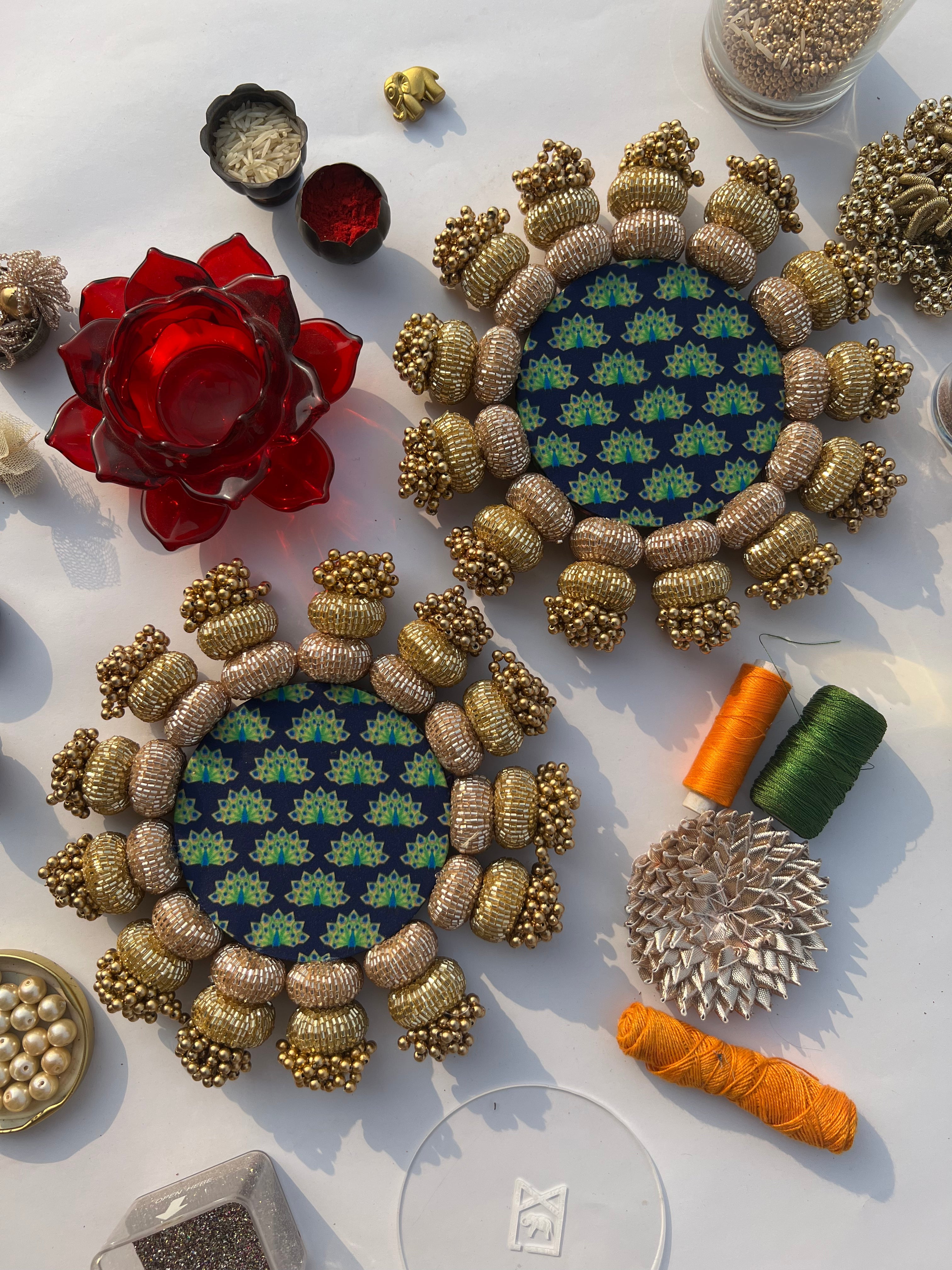 Chaandbali Pastel Pistachio Pichwai and Flare MORBANI THANGAT KARE Rangoli + Diya Platters