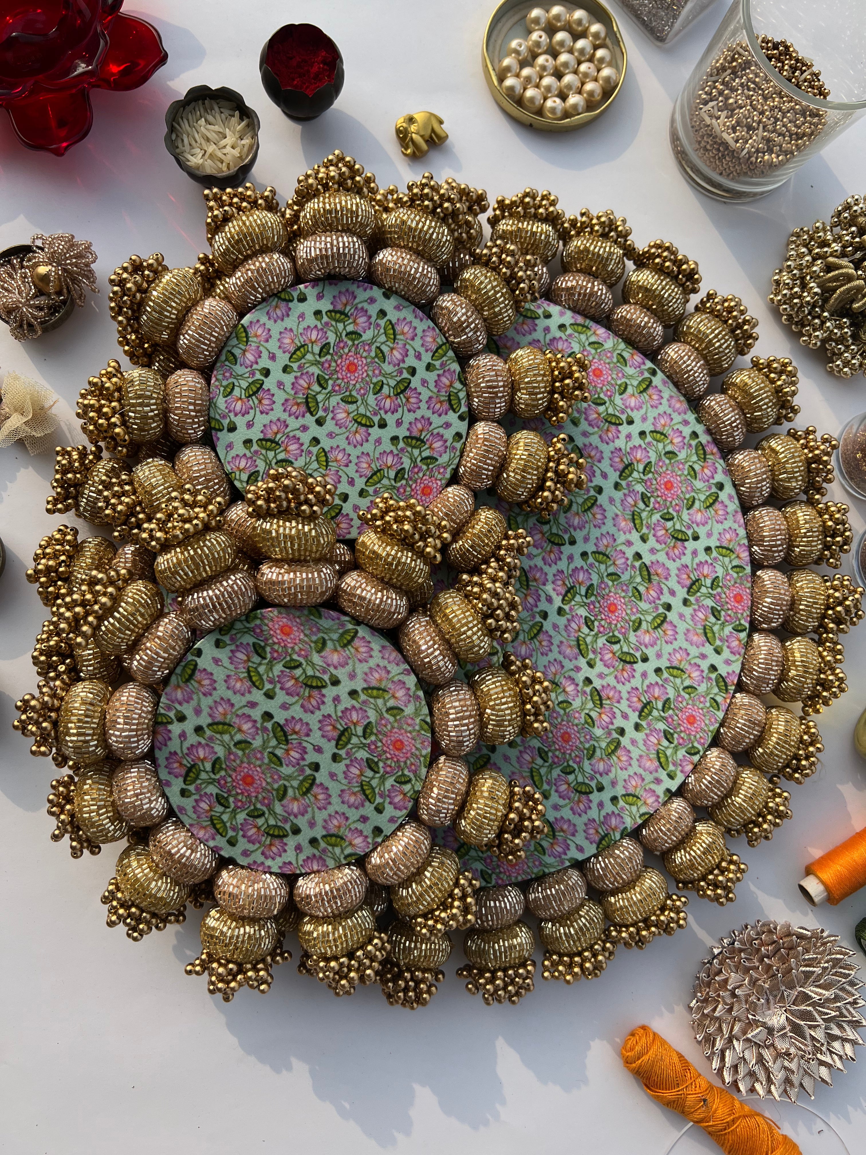 Chaandbali Pastel Pistachio Pichwai and Flare MORBANI THANGAT KARE Rangoli + Diya Platters
