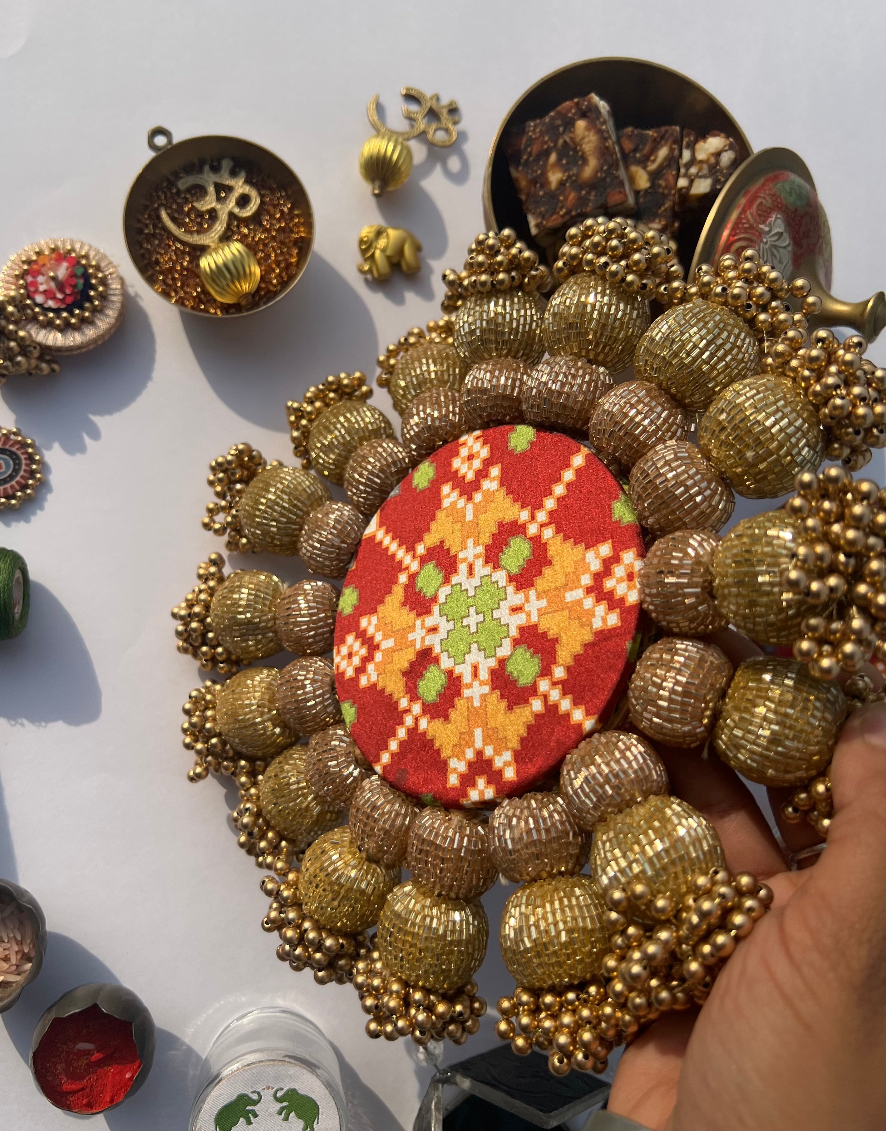 Spherical Chaandbali OG Inflorescence Divine Pichwai and Maroon Navratna Patola Diya Platter