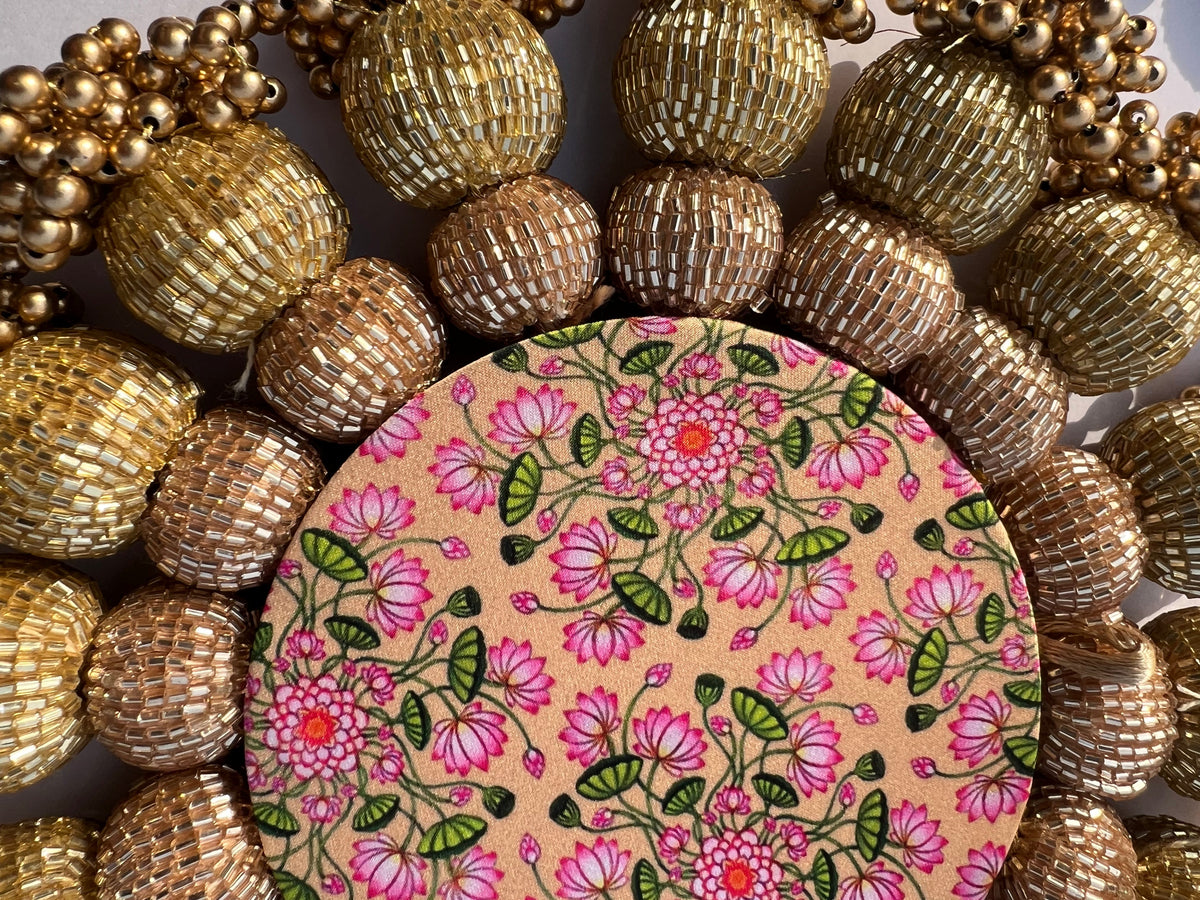 Spherical Chaandbali OG Inflorescence Divine Pichwai and Maroon Navratna Patola Diya Platter