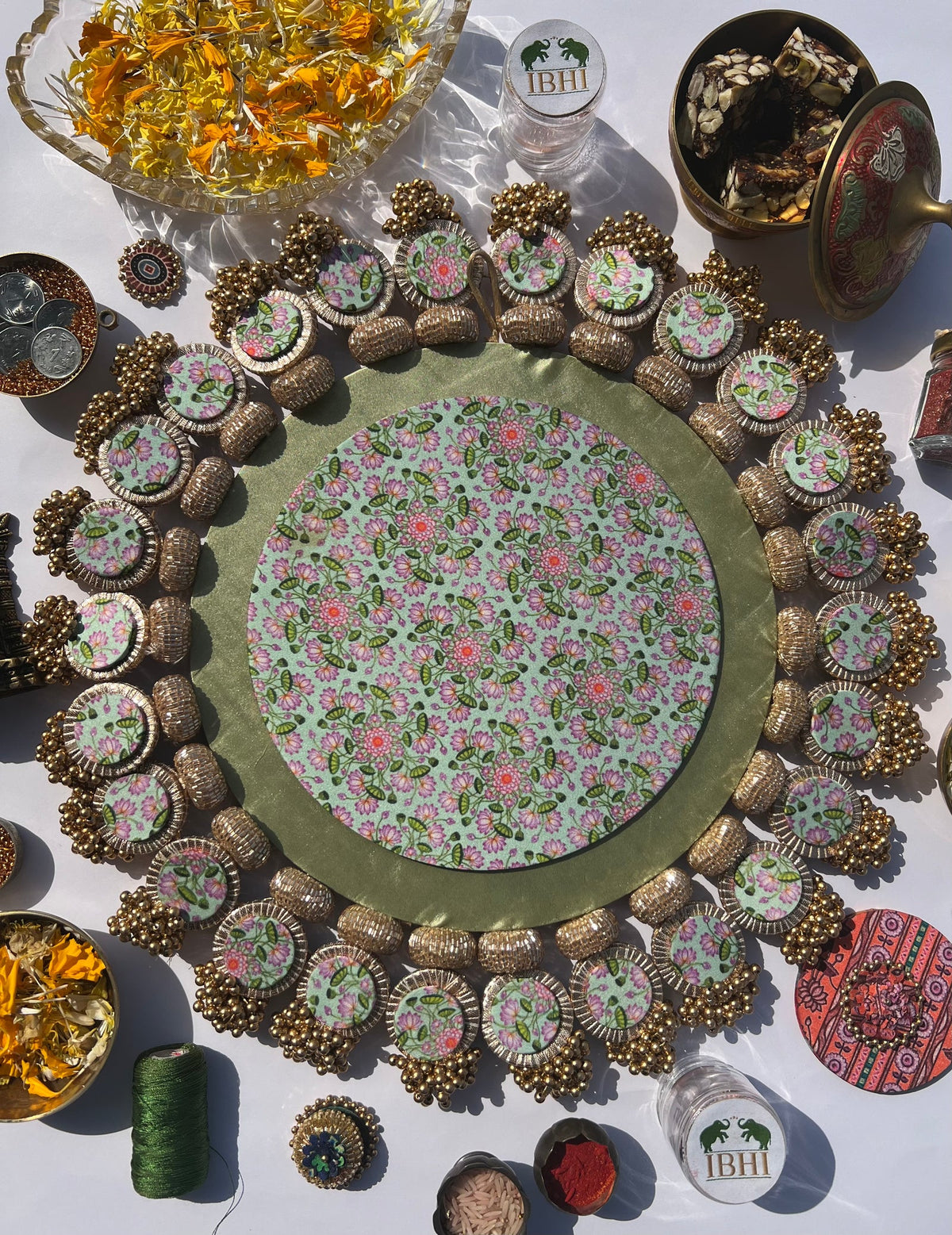 Pistachio floral beaded medallion platter