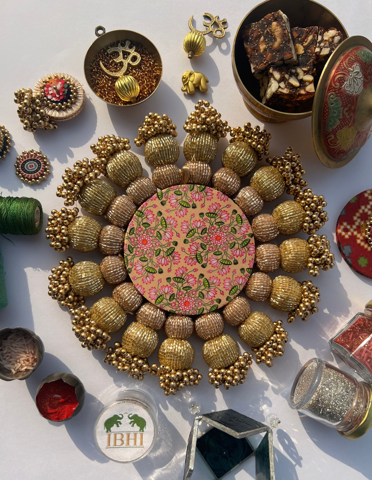 Spherical Chaandbali OG Inflorescence Divine Pichwai and Maroon Navratna Patola Diya Platter