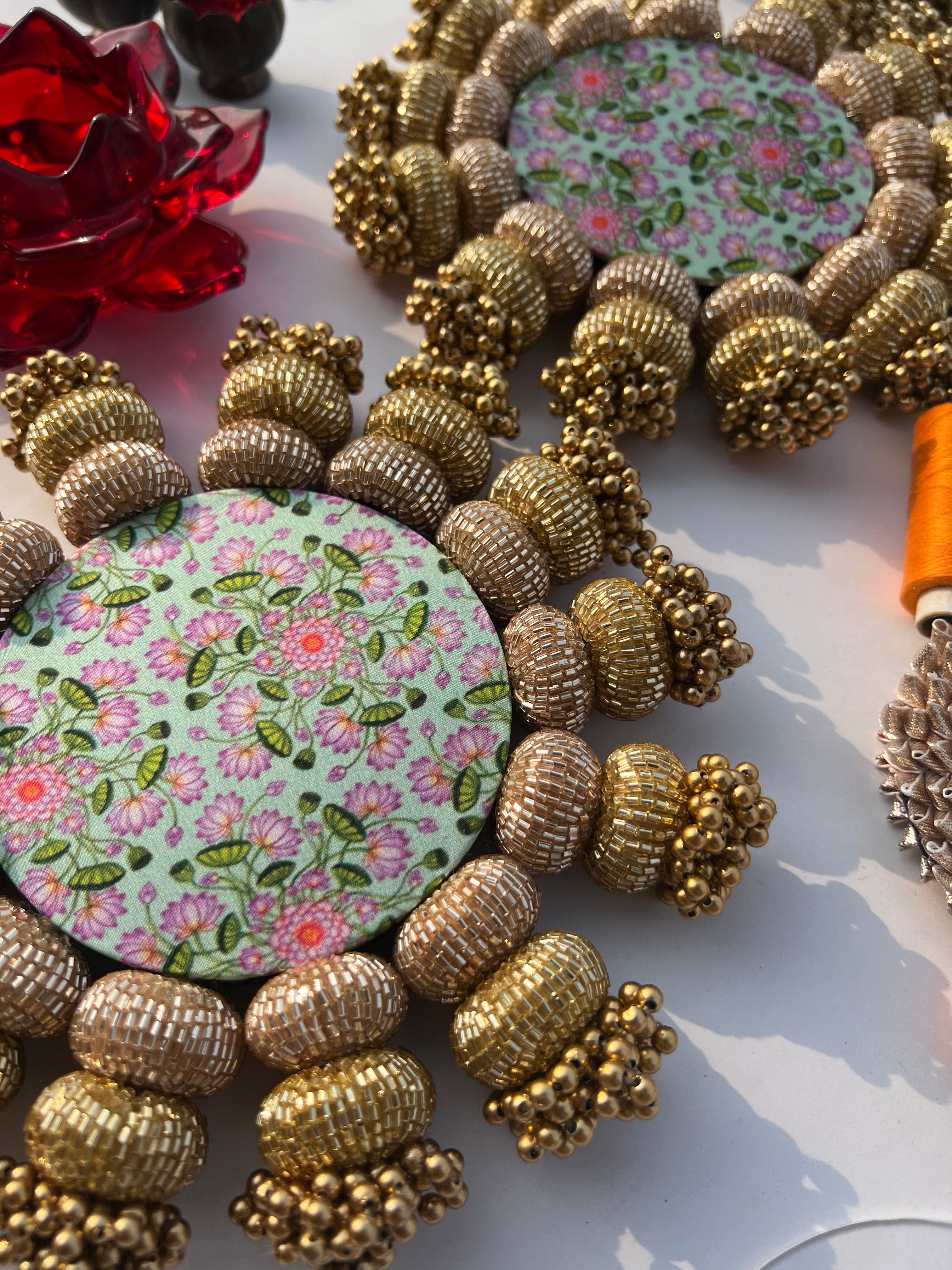 Chaandbali Pastel Pistachio Pichwai and Flare MORBANI THANGAT KARE Rangoli + Diya Platters