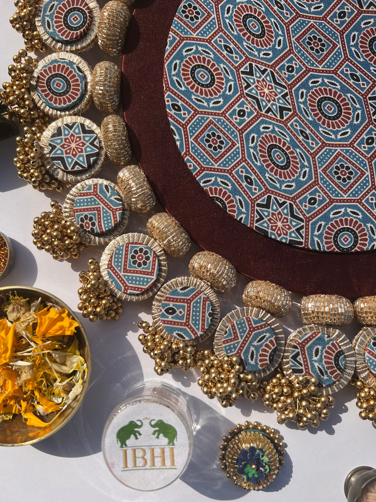 Ajrakh + Pastel Pistachio Inflorescence Divine Pichwai Glass Rhapsody Lumba Rangoli
