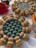 Chaandbali Pastel Pistachio Inflorescence Divine Pichwai and Flare MORBANI THANGAT KARERangoli + Diya Platters