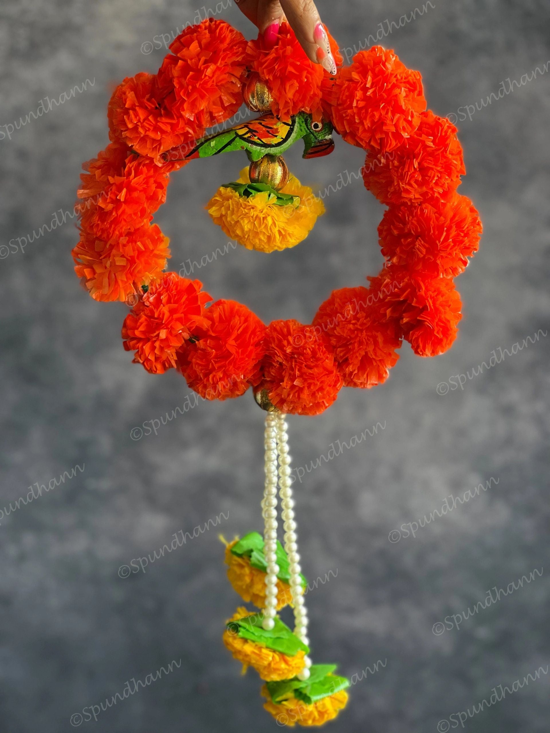 Small Marigold Wreath with Wooden Parrot & Pearl Strings