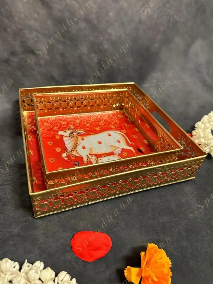 Traditional Golden Tray With Pichwai Art Picture Set of 2 - Image 6