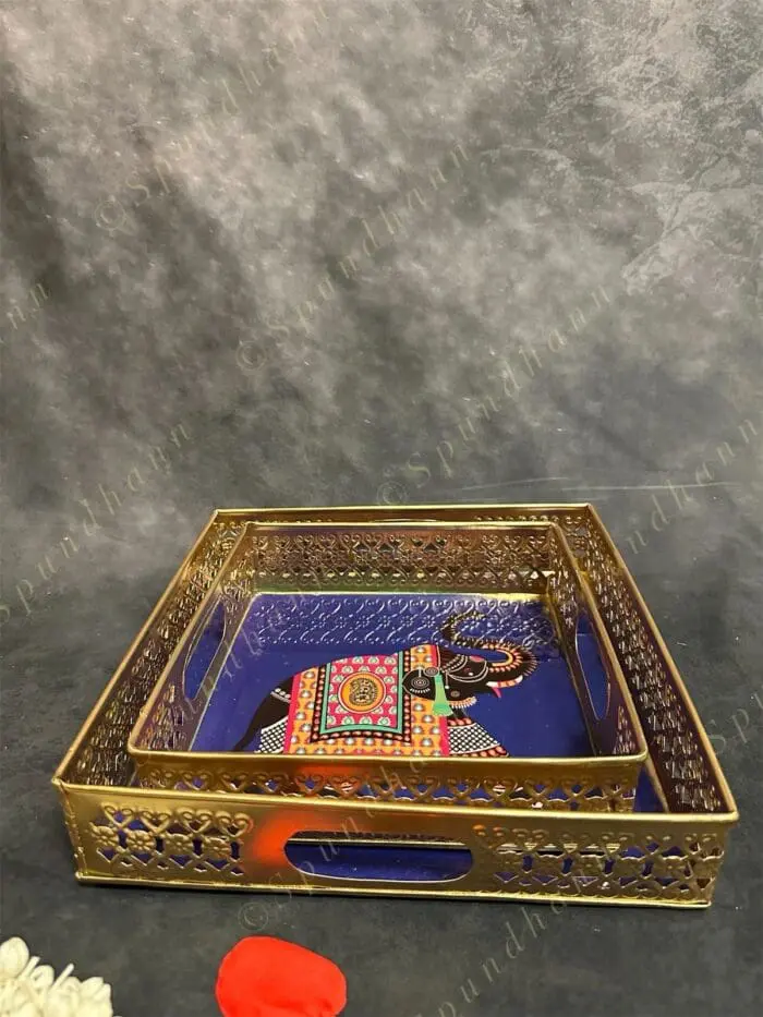 Traditional Golden Tray With Pichwai Art Picture Set of 2 - Image 3
