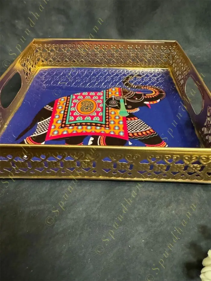 Traditional Golden Tray With Pichwai Art Picture Set of 2 - Image 9