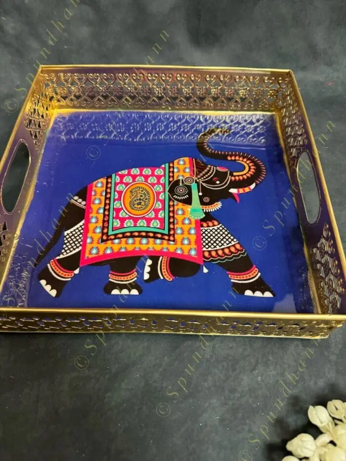 Traditional Golden Tray With Pichwai Art Picture Set of 2 - Image 4