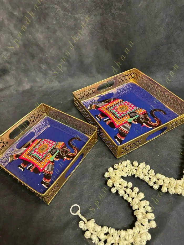 Traditional Golden Tray With Pichwai Art Picture Set of 2 - Image 1