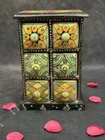 Handcrafted Wooden Trinket Box with 6 Ceramic Drawers
