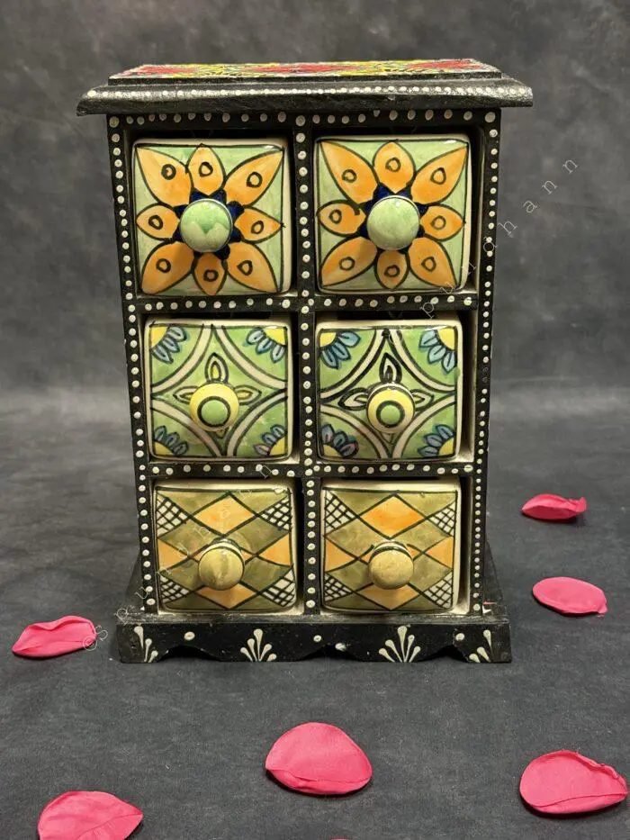 Handcrafted Wooden Trinket Box with 6 Ceramic Drawers - Image 1