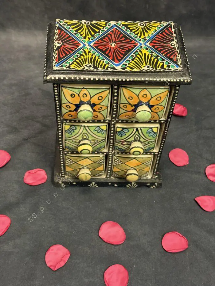 Handcrafted Wooden Trinket Box with 6 Ceramic Drawers - Image 2