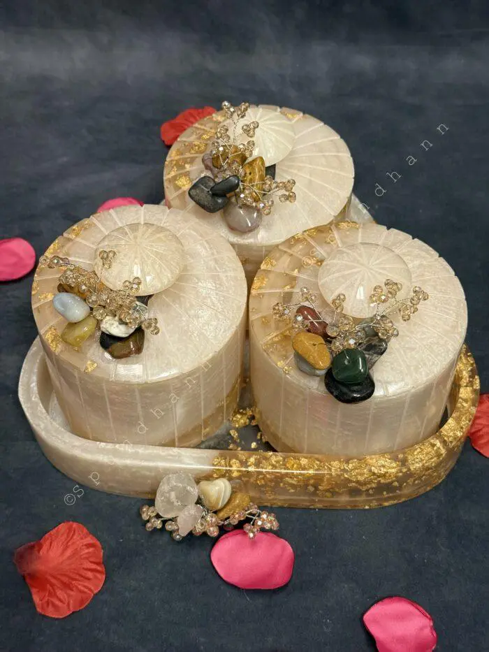 Elegant Stone-Adorned Jar Set with Tray – Set of 3 - Image 2