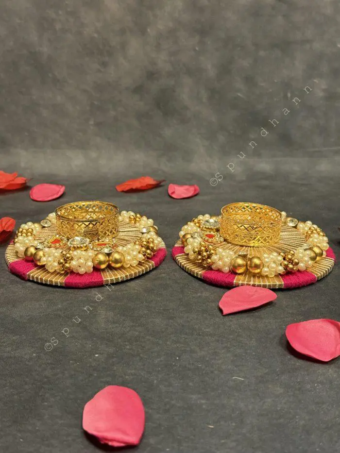 Traditional Decorative Tealight Holder – Pearl & Kundan Work - Image 1