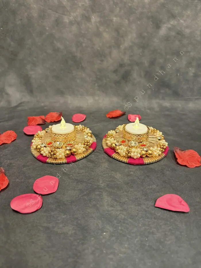 Traditional Decorative Tealight Holder – Pearl & Kundan Work - Image 3