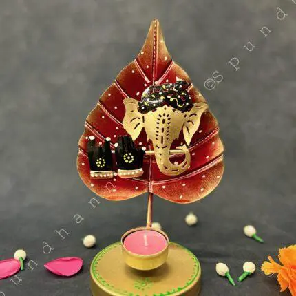 Flute Ganesha With Leaf Tea Light Holder