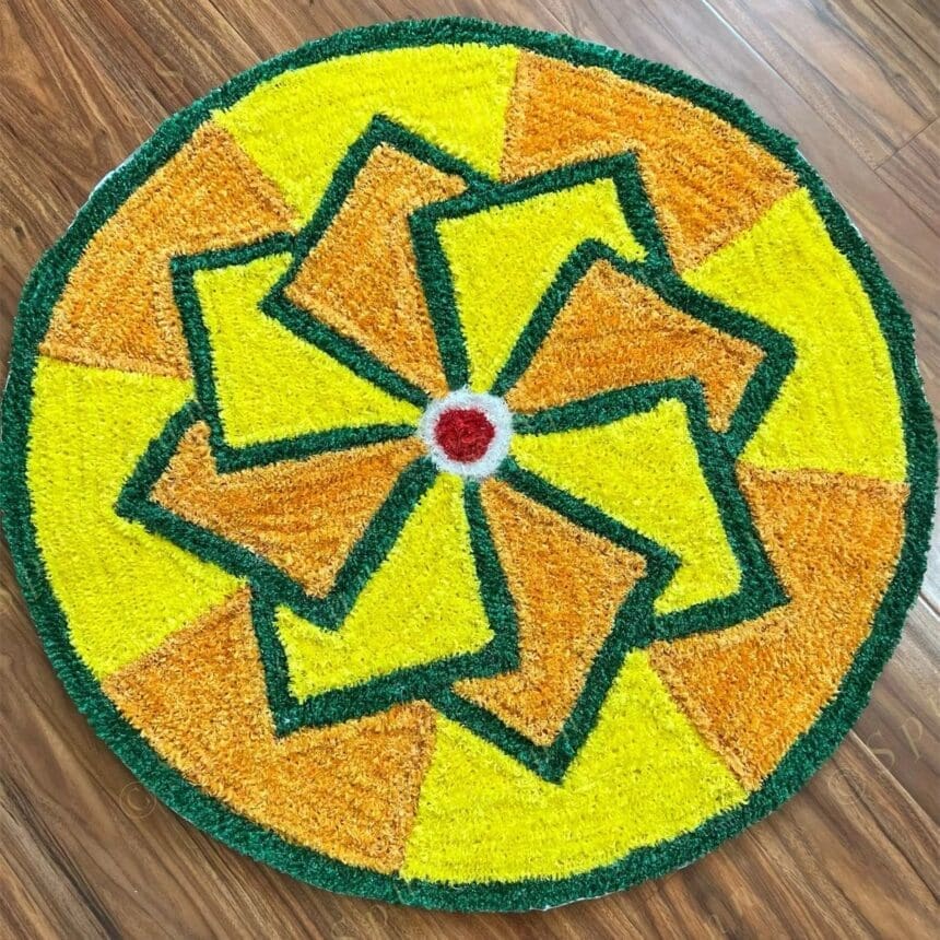 Round Yellow Rangoli Mat with Square Prints