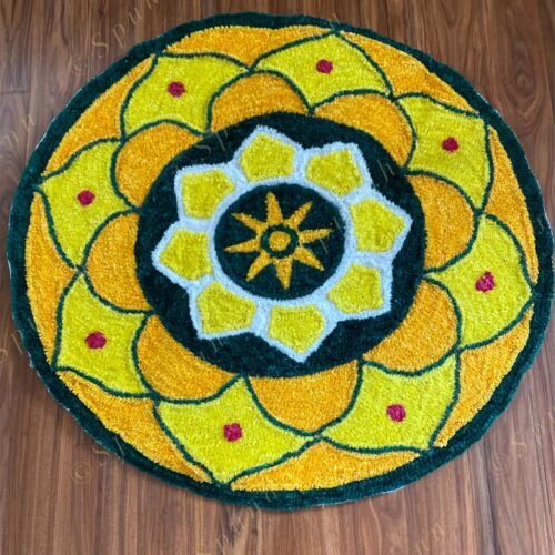 Yellow, Green & Red Round Floral Rangoli Floor Mat