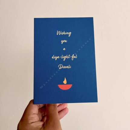 Greeting card that says "Wishing you a diya-light-ful Diwali" above a diya graphic.