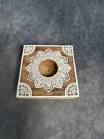 Square Warli Art Carved Wooden Block Tea Light Holder