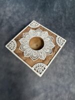 Square Warli Art Carved Wooden Block Tea Light Holder - Image 2