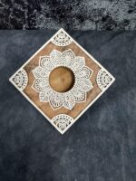 Square Warli Art Carved Wooden Block Tea Light Holder - Image 4