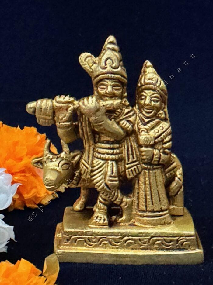 Radha Krishna with Cow Murti in Brass - Image 1