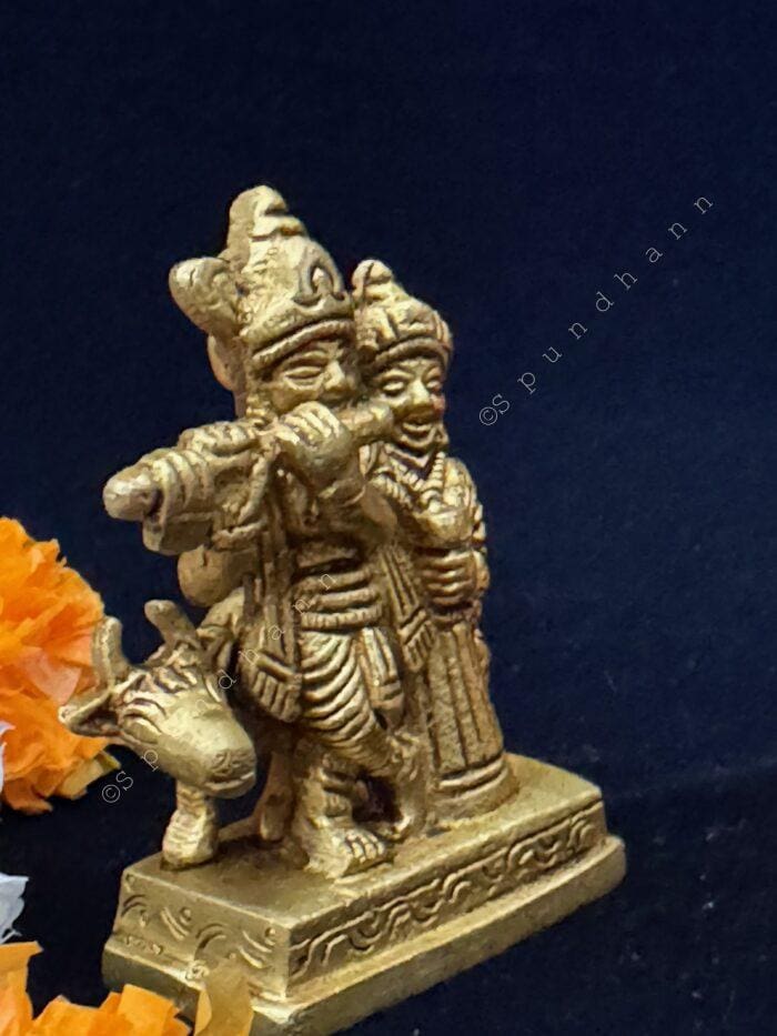 Radha Krishna with Cow Murti in Brass - Image 2